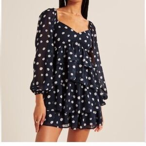 Abercrombie & Fitch Navy and White Polka Dot Long Sleeve Dress